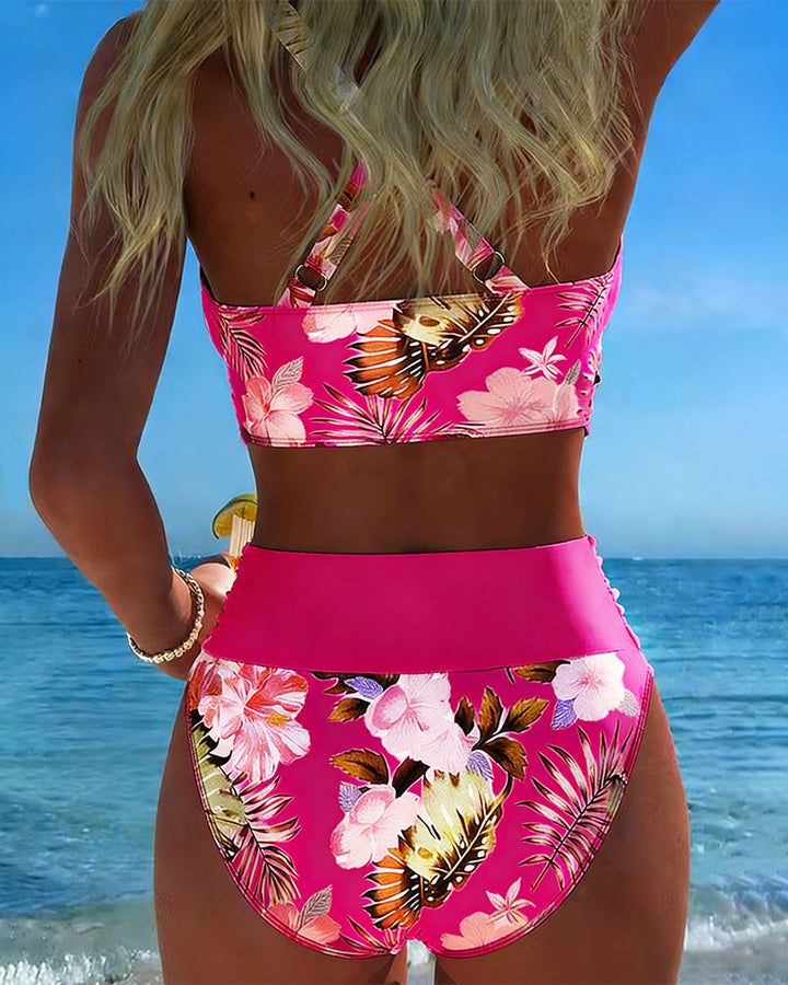 Bikini à Motif Floral Contrasté et Fente
