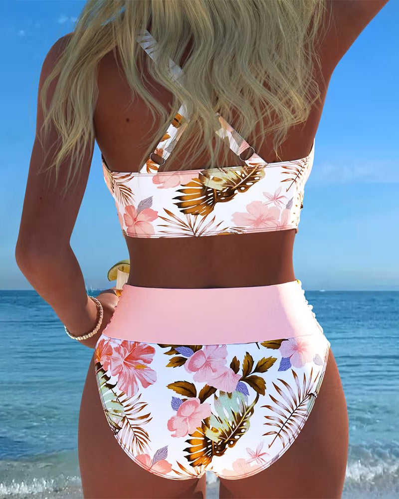 Bikini à Motif Floral Contrasté et Fente
